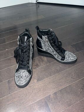 Michael Kors Black & White Tweed High-Top Wedge Sneakers